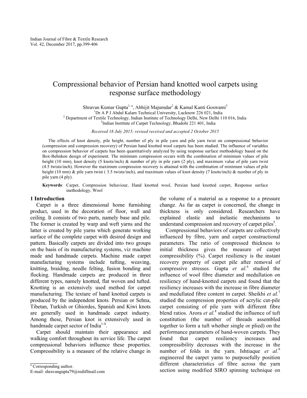 Compressional Behavior of Persian Hand Knotted Wool Carpets Using Response Surface Methodology