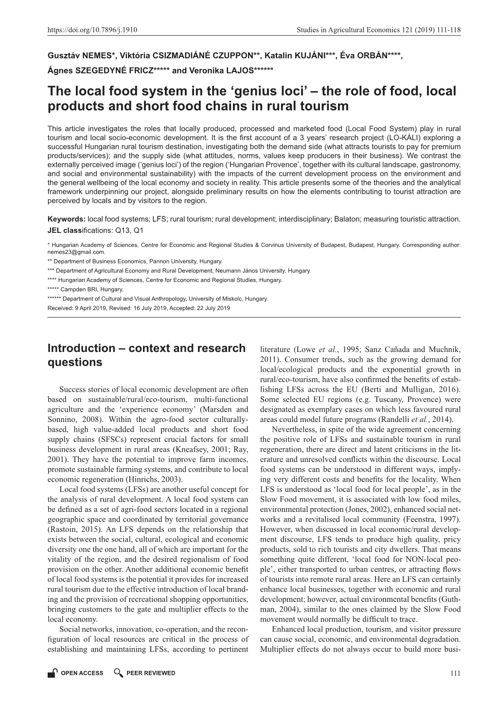 The Local Food System in the ‘Genius Loci’ – the Role of Food, Local Products and Short Food Chains in Rural Tourism