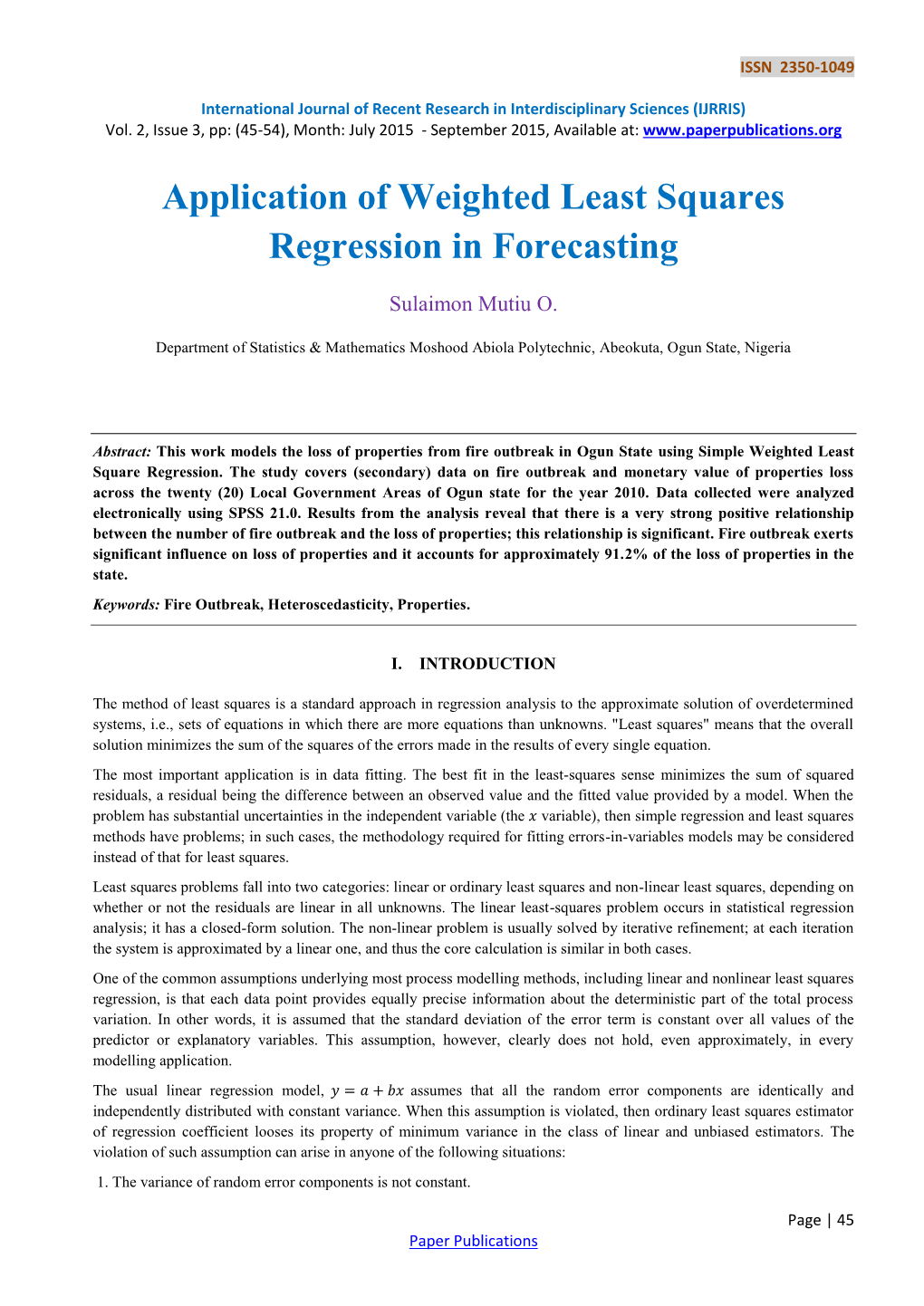 Application of Weighted Least Squares Regression in Forecasting