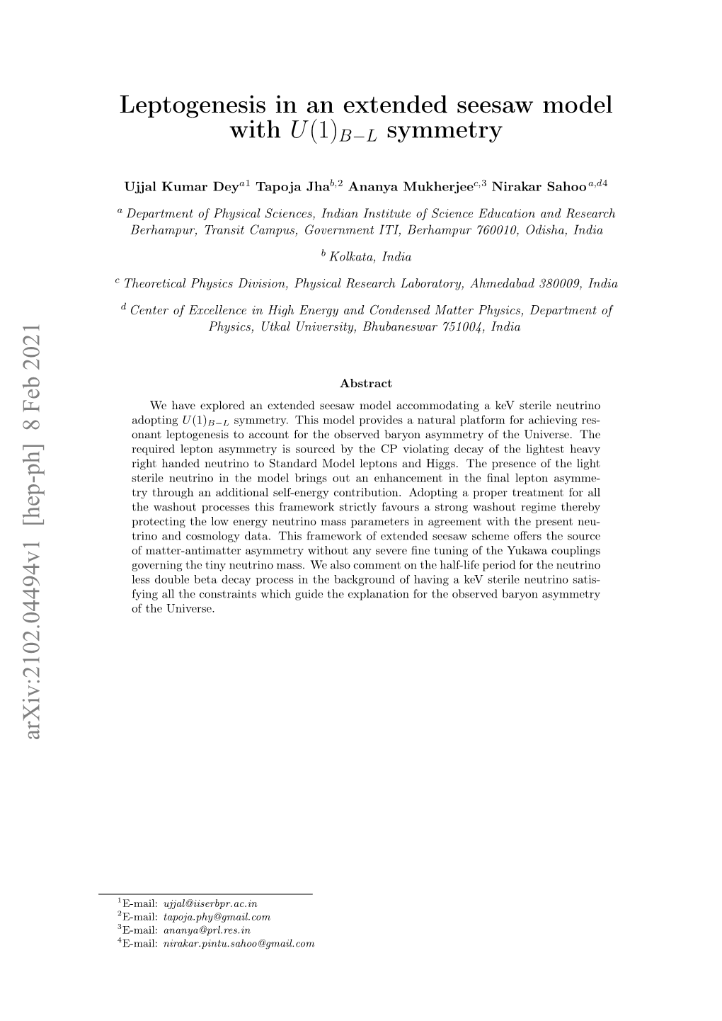 Leptogenesis in an Extended Seesaw Model with U(1) B−L Symmetry Arxiv:2102.04494V1 [Hep-Ph] 8 Feb 2021