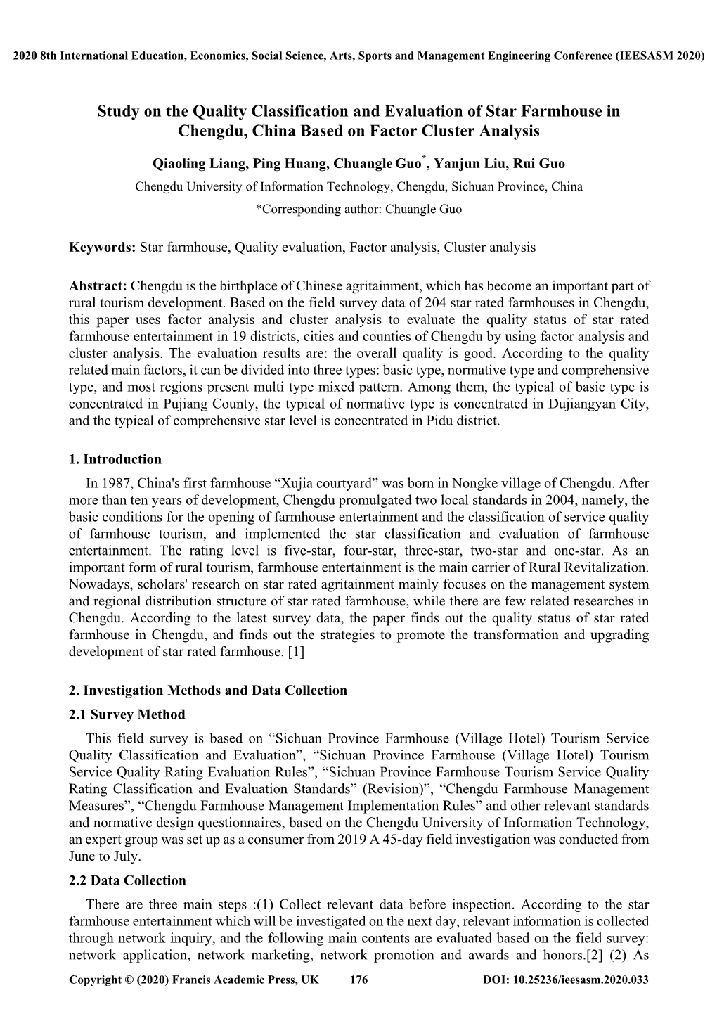 Study on the Quality Classification and Evaluation of Star Farmhouse in Chengdu, China Based on Factor Cluster Analysis