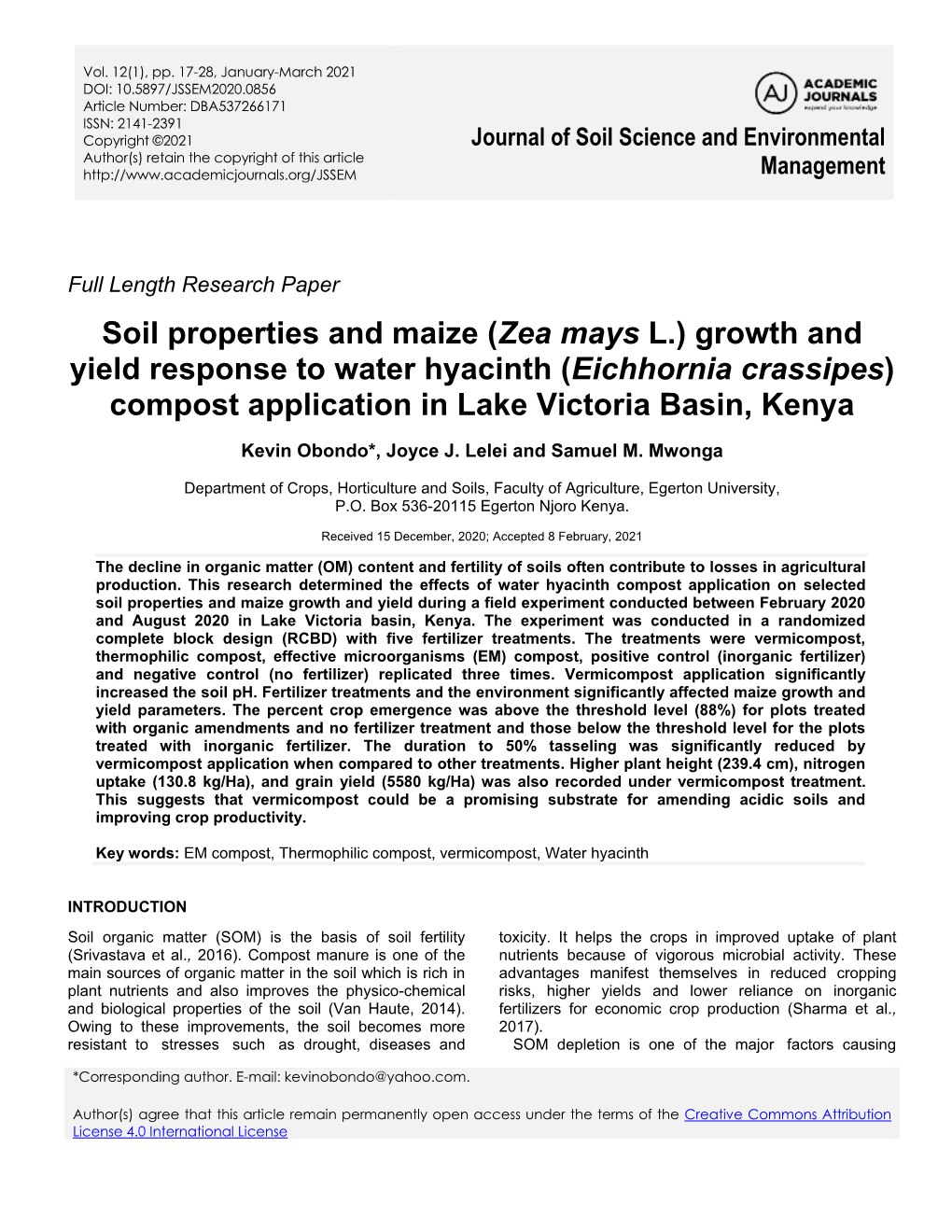 Growth and Yield Response to Water Hyacinth (Eichhornia Crassipes) Compost Application in Lake Victoria Basin, Kenya