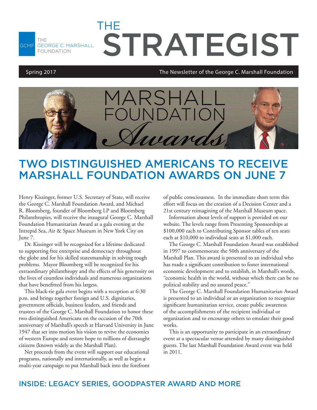 Two Distinguished Americans to Receive Marshall Foundation Awards on June 7