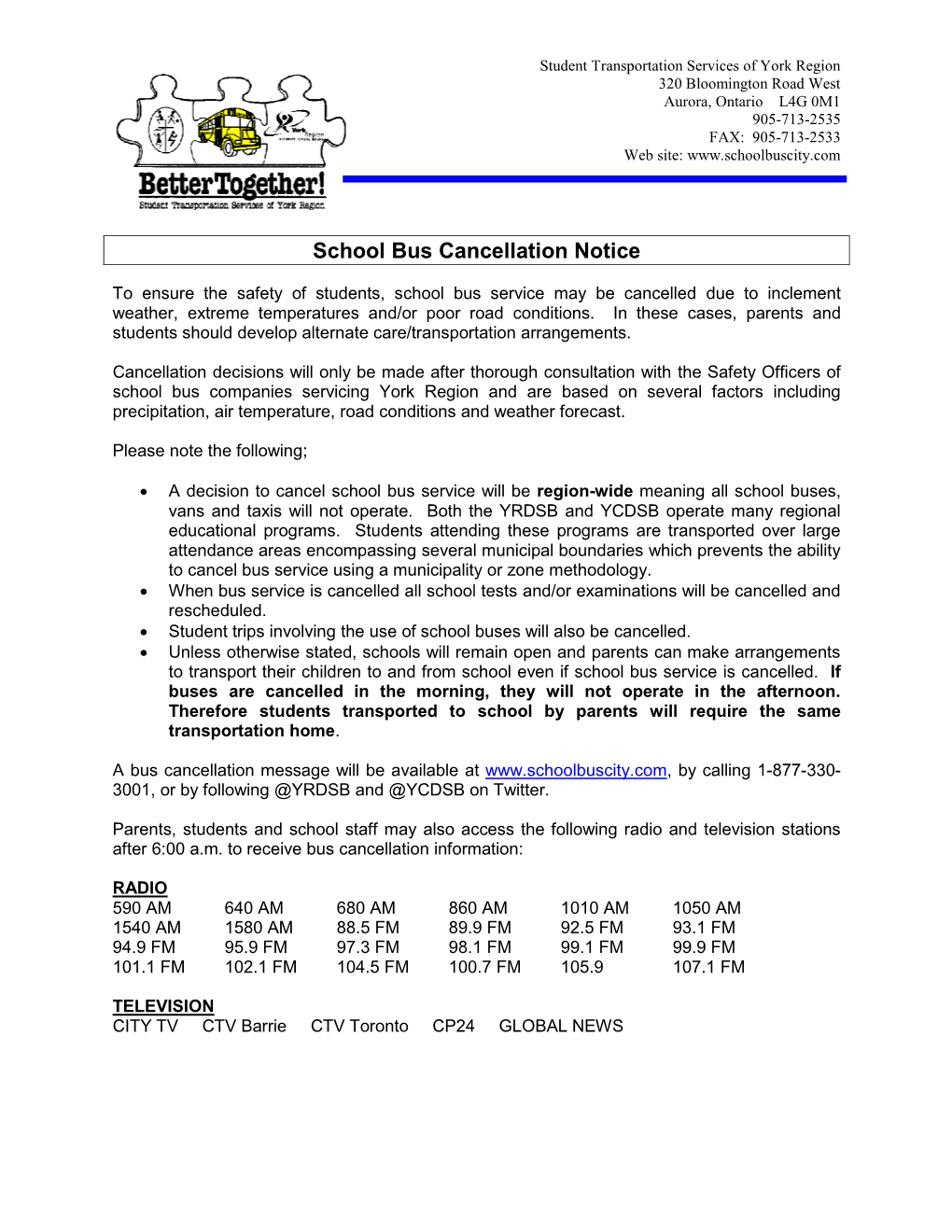 YRDSB Bus Cancellation Notice for Schools and Parents