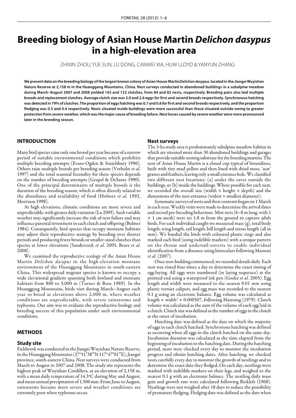 Breeding Biology of Asian House Martin Delichon Dasypus in a High-Elevation Area