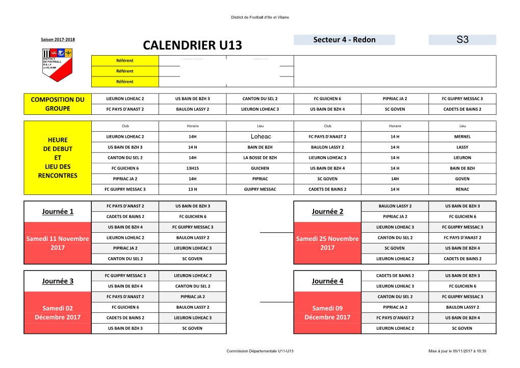 CALENDRIER U13 Secteur 4 - Redon S3