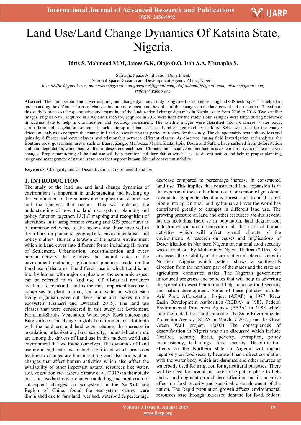 Land Use/Land Change Dynamics of Katsina State, Nigeria