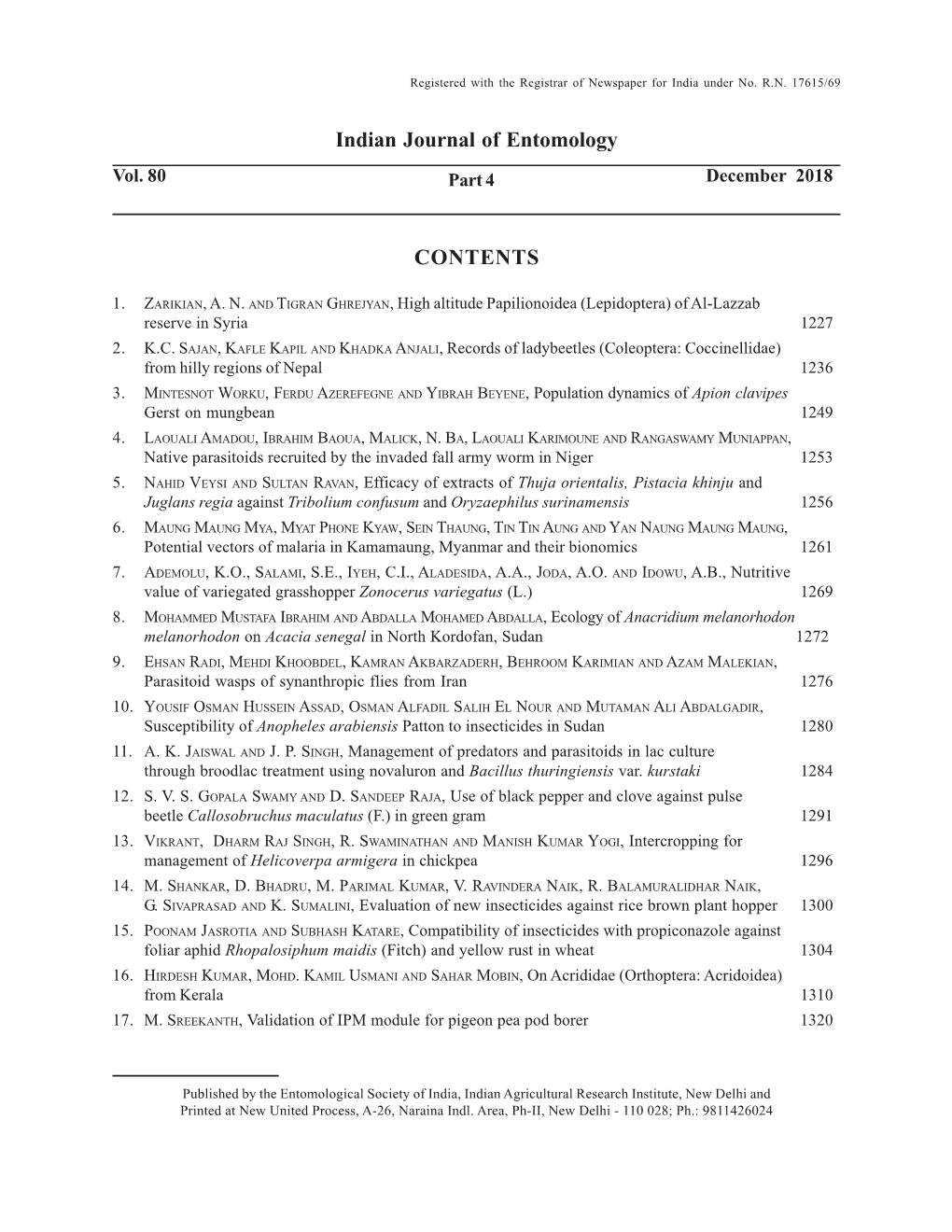 Indian Journal of Entomology CONTENTS