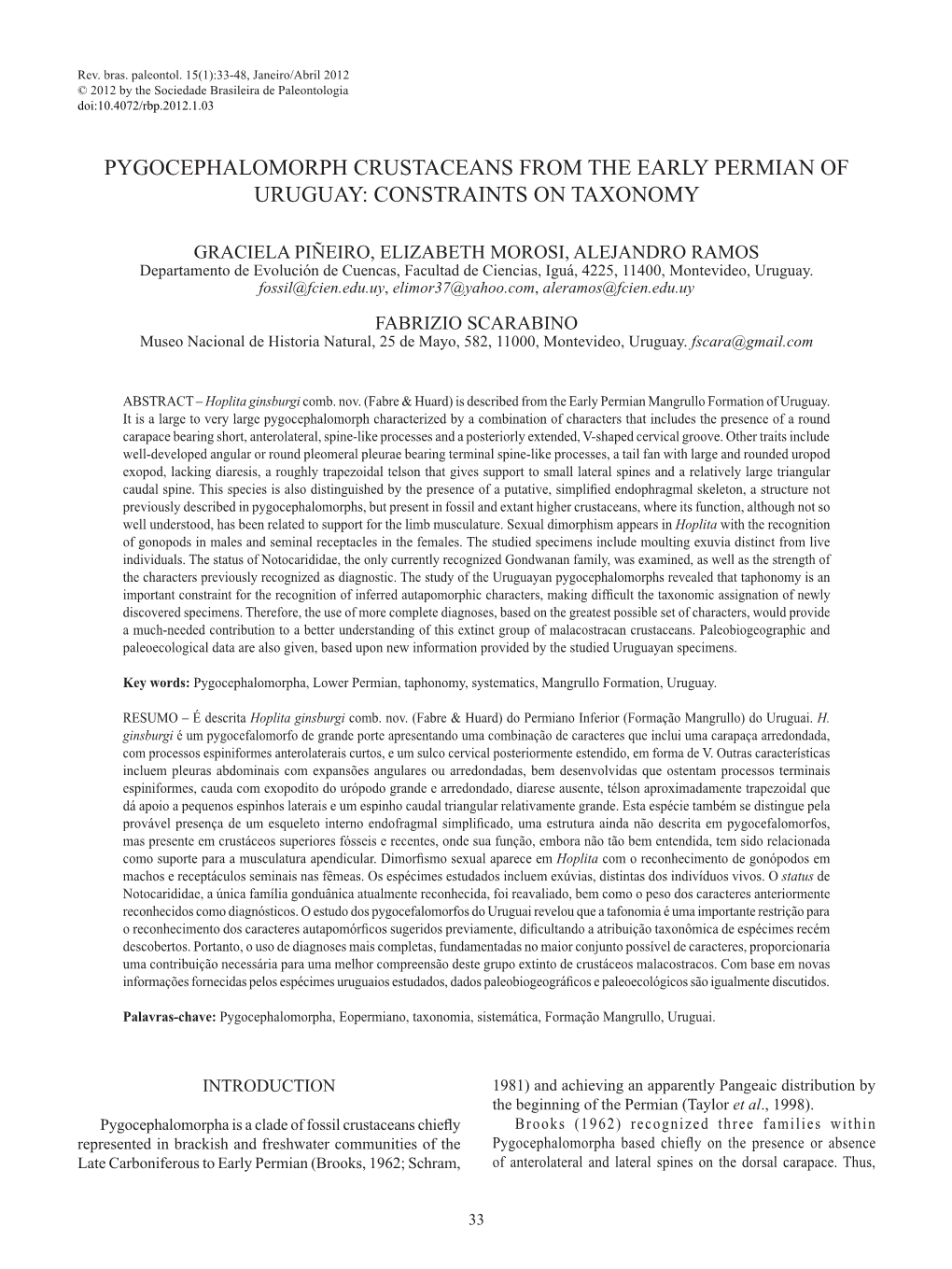 Pygocephalomorph Crustaceans from the Early Permian of Uruguay: Constraints on Taxonomy