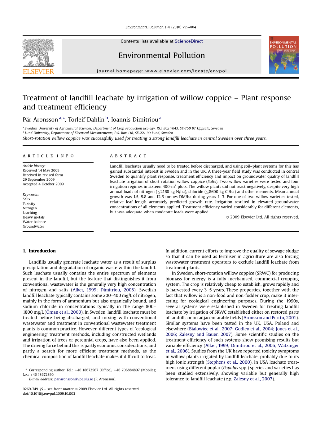 Treatment of Landfill Leachate by Irrigation Of