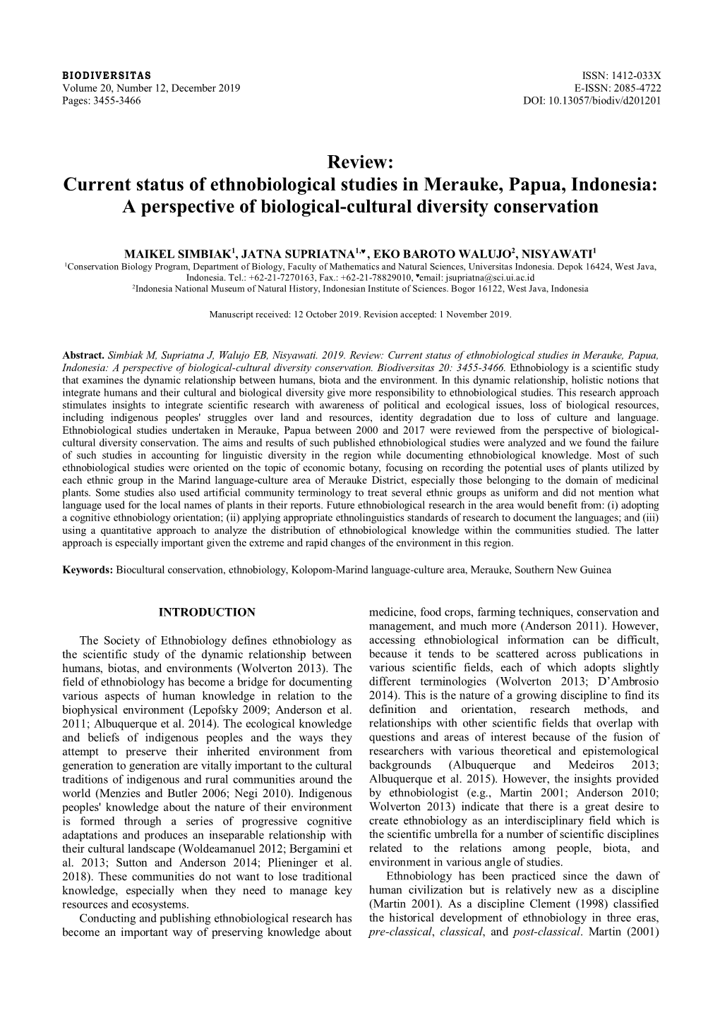 Current Status of Ethnobiological Studies in Merauke, Papua, Indonesia: a Perspective of Biological-Cultural Diversity Conservation