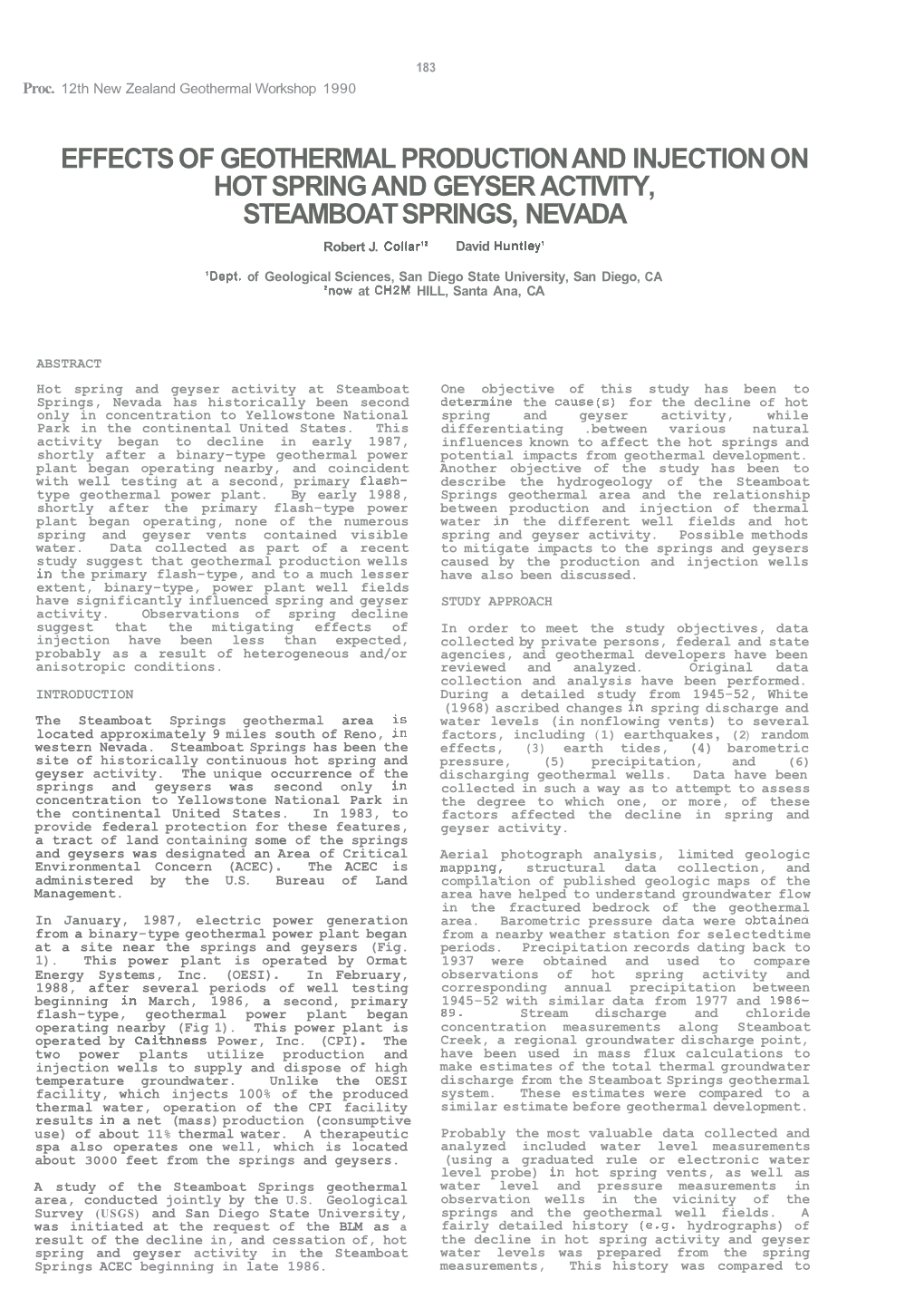 EFFECTS of GEOTHERMAL PRODUCTION and INJECTION on HOT SPRING and GEYSER ACTIVITY, STEAMBOAT SPRINGS, NEVADA Robert J