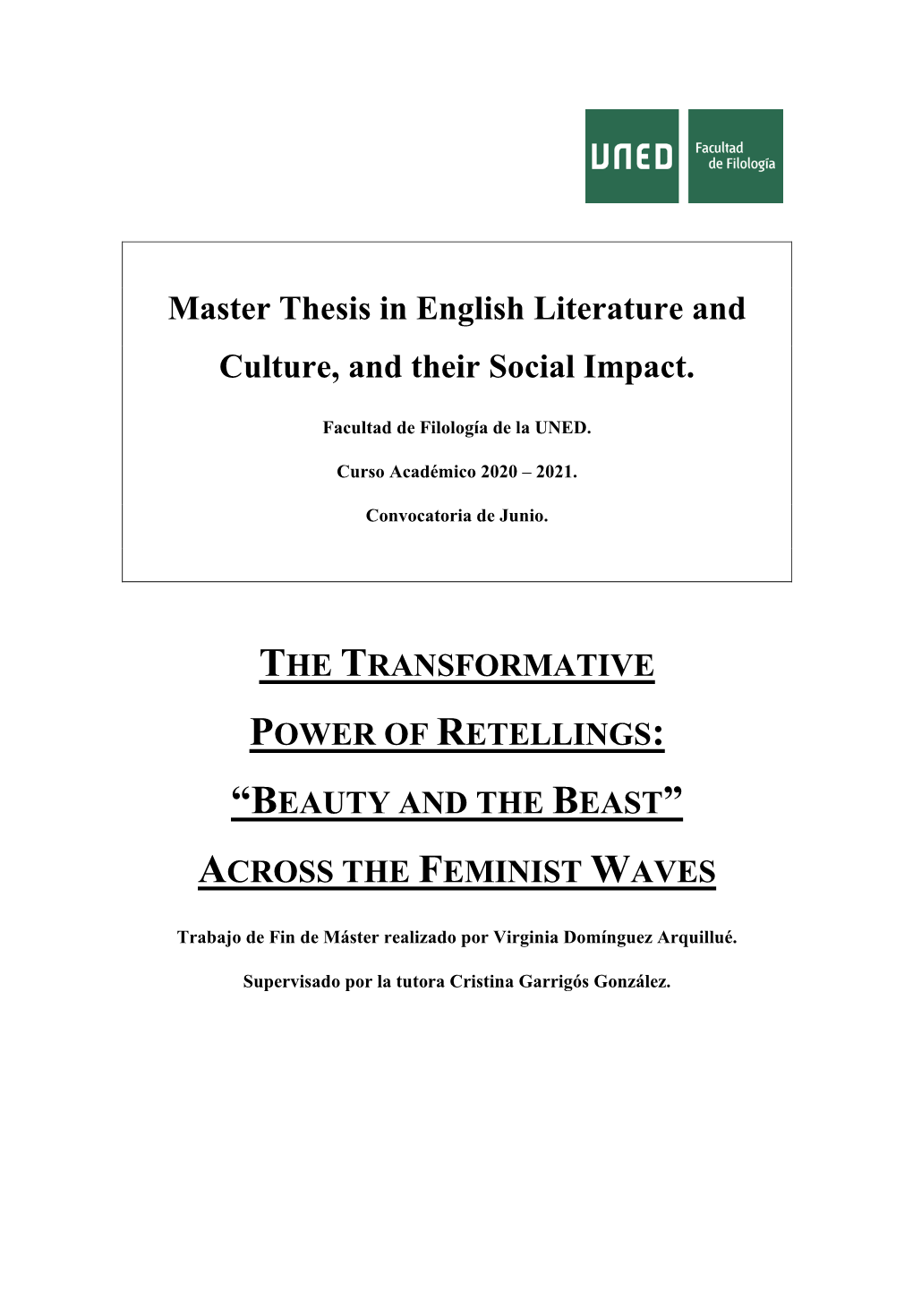 Master Thesis in English Literature and Culture, and Their Social Impact