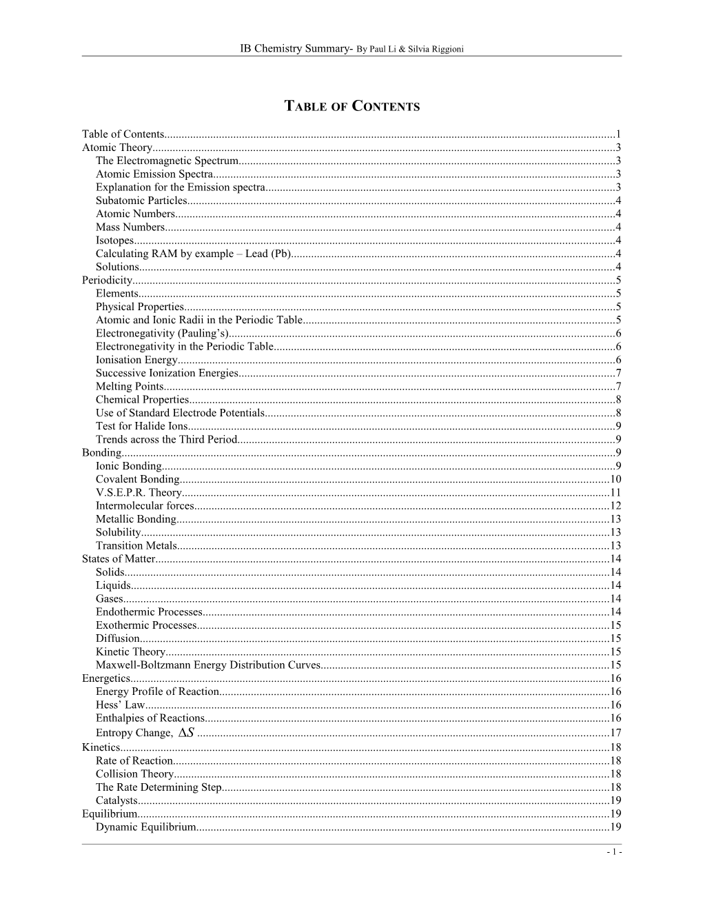 IB Chemistry Summary- by Paul Li & Silvia Riggioni