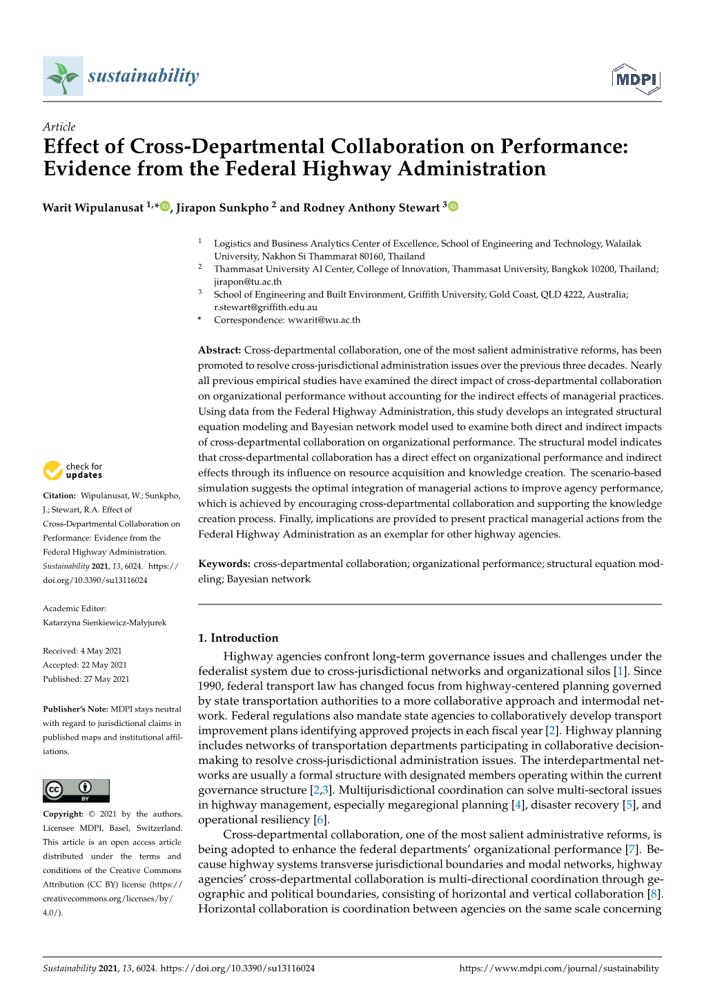 Effect of Cross-Departmental Collaboration on Performance: Evidence from the Federal Highway Administration