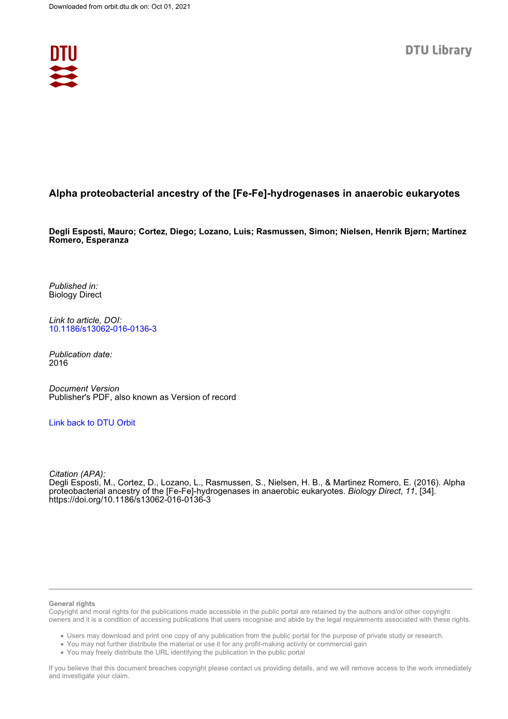 Alpha Proteobacterial Ancestry of the [Fe-Fe]-Hydrogenases in Anaerobic Eukaryotes