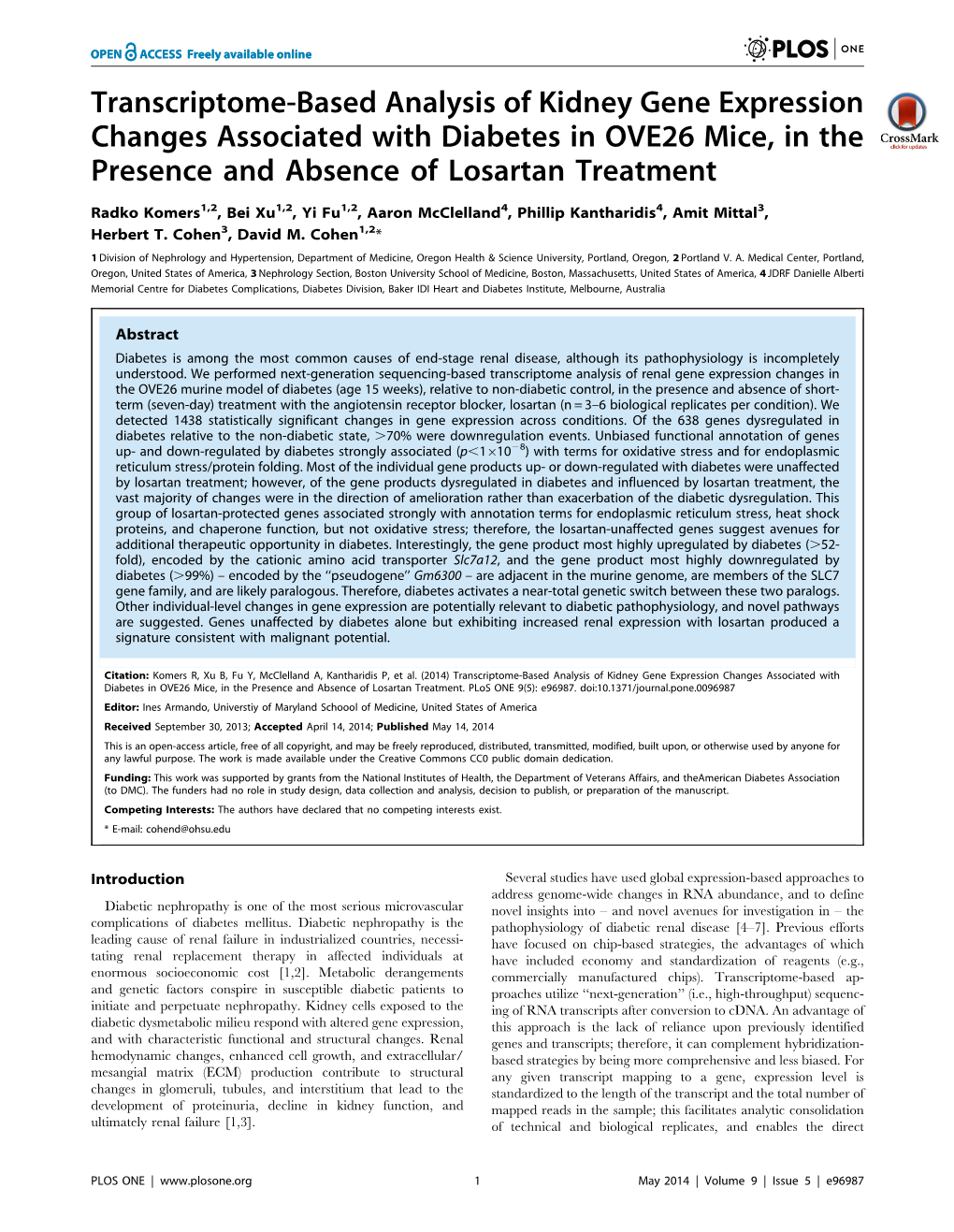 Transcriptome-Based Analysis of Kidney Gene Expression Changes Associated with Diabetes in OVE26 Mice, in the Presence and Absence of Losartan Treatment