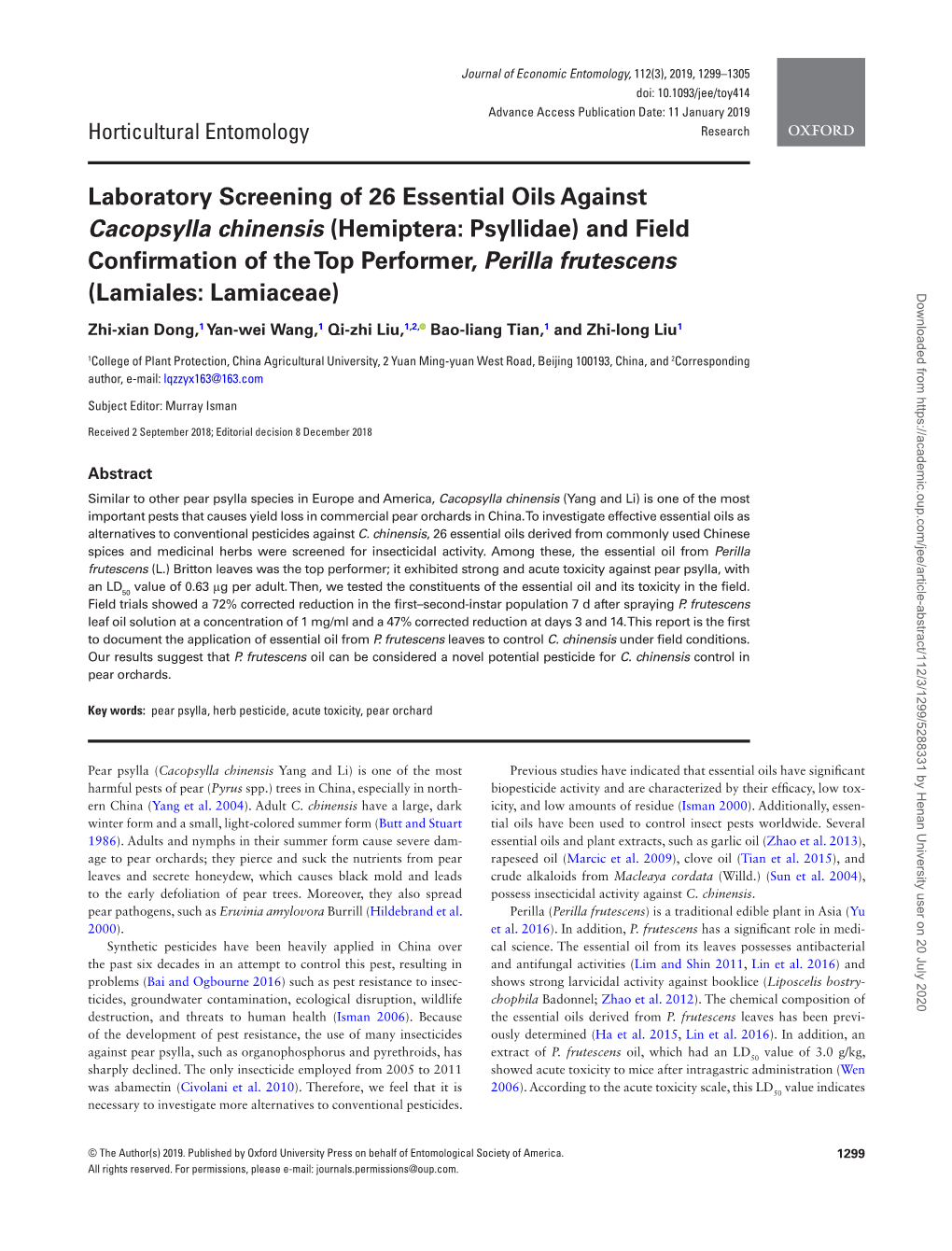 Laboratory Screening of 26 Essential Oils Against Cacopsylla Chinensis