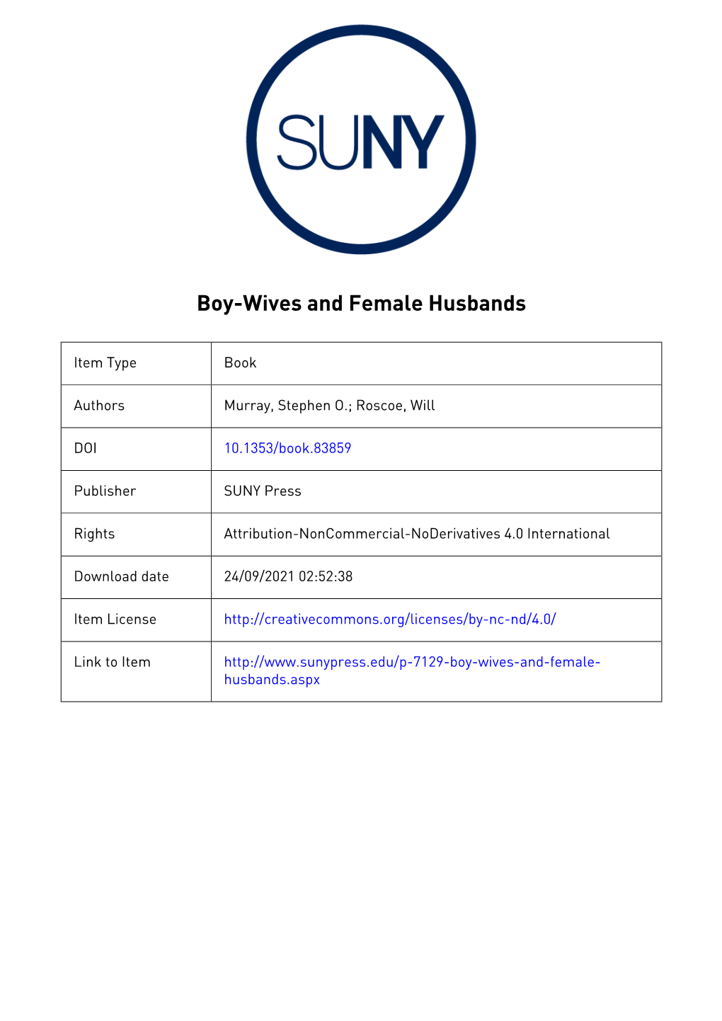 Boy-Wives and Female Husbands