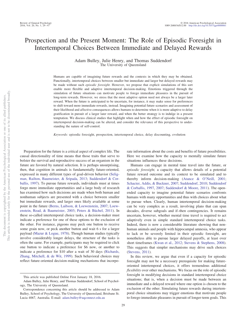 The Role of Episodic Foresight in Intertemporal Choices Between Immediate and Delayed Rewards