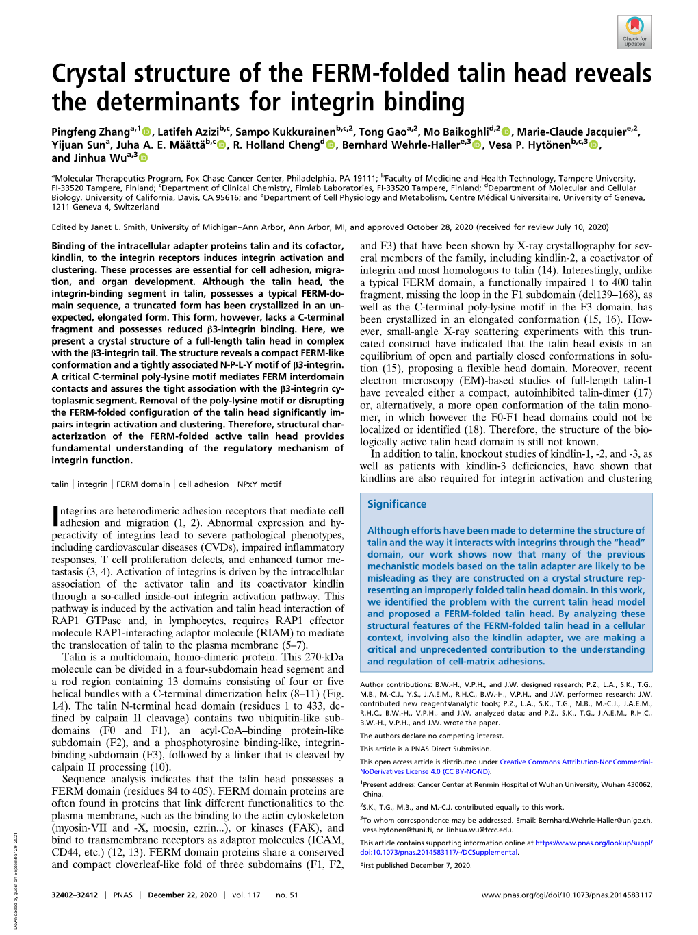 Crystal Structure of the FERM-Folded Talin Head Reveals the Determinants for Integrin Binding