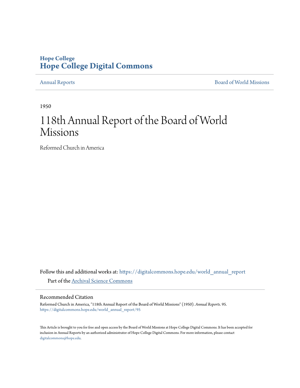 118Th Annual Report of the Board of World Missions Reformed Church in America