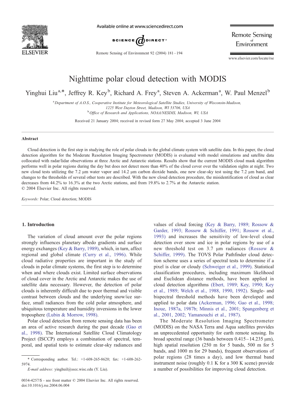 Nighttime Polar Cloud Detection with MODIS