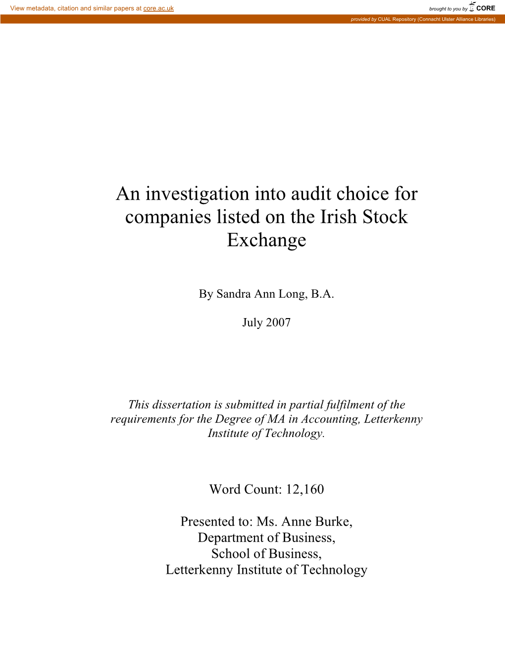 An Investigation Into Audit Choice for Companies Listed on the Irish Stock Exchange