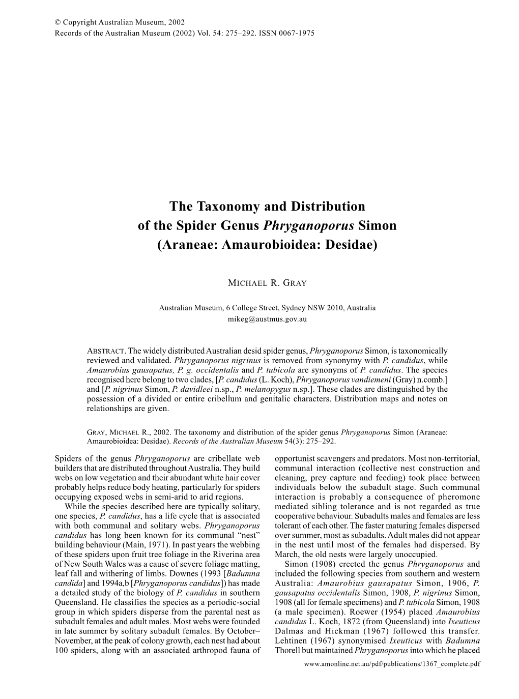 The Taxonomy and Distribution of the Spider Genus Phryganoporus Simon (Araneae: Amaurobioidea: Desidae)