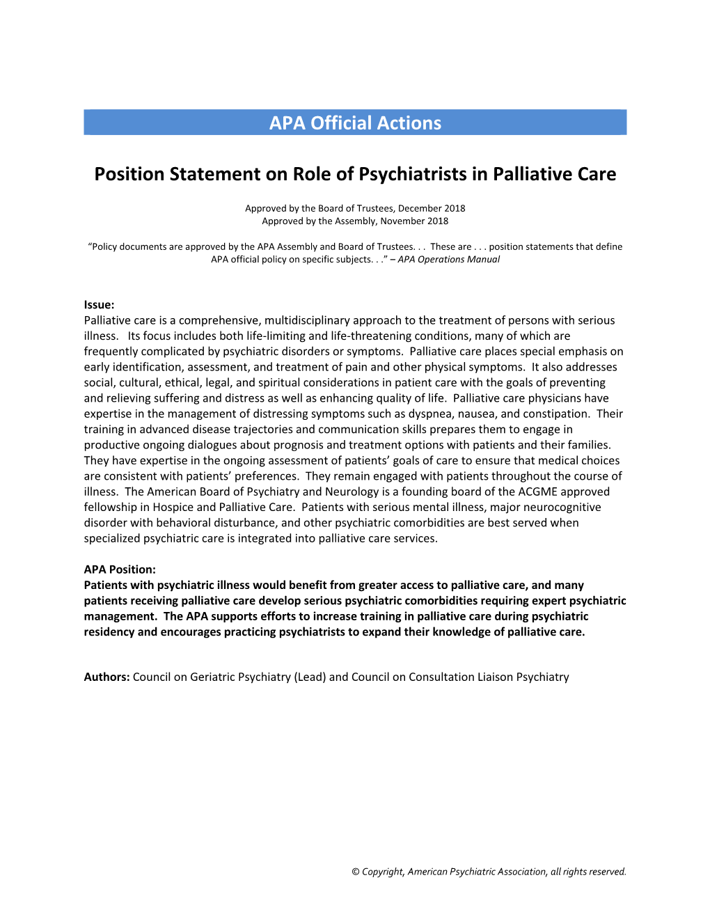 Position Statement on Role of Psychiatrists in Palliative Care