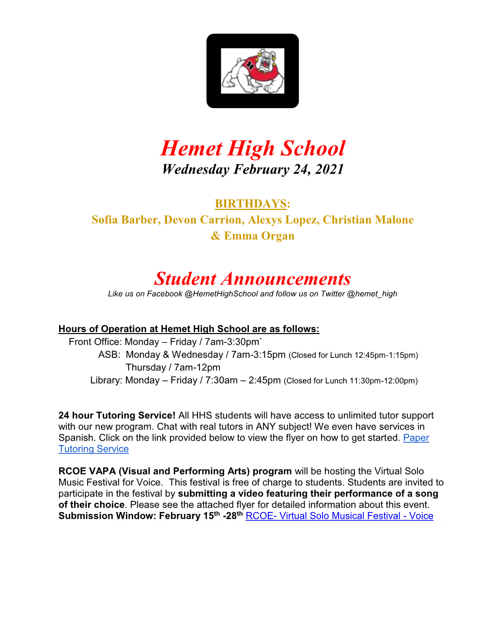 Hemet High School Wednesday February 24, 2021
