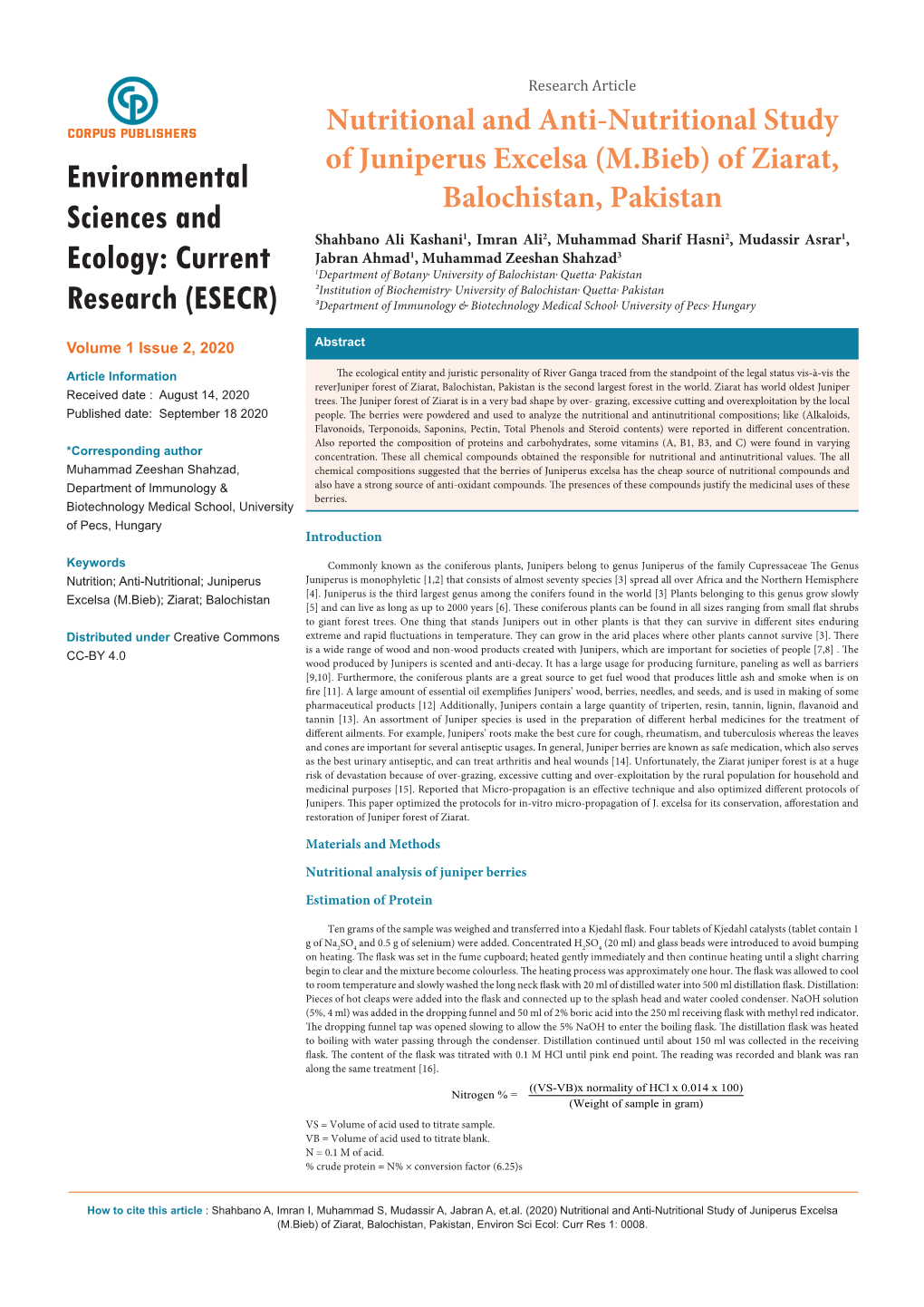 Nutritional and Anti-Nutritional Study of Juniperus Excelsa (M.Bieb) of Ziarat, Balochistan, Pakistan, Environ Sci Ecol: Curr Res 1: 0008