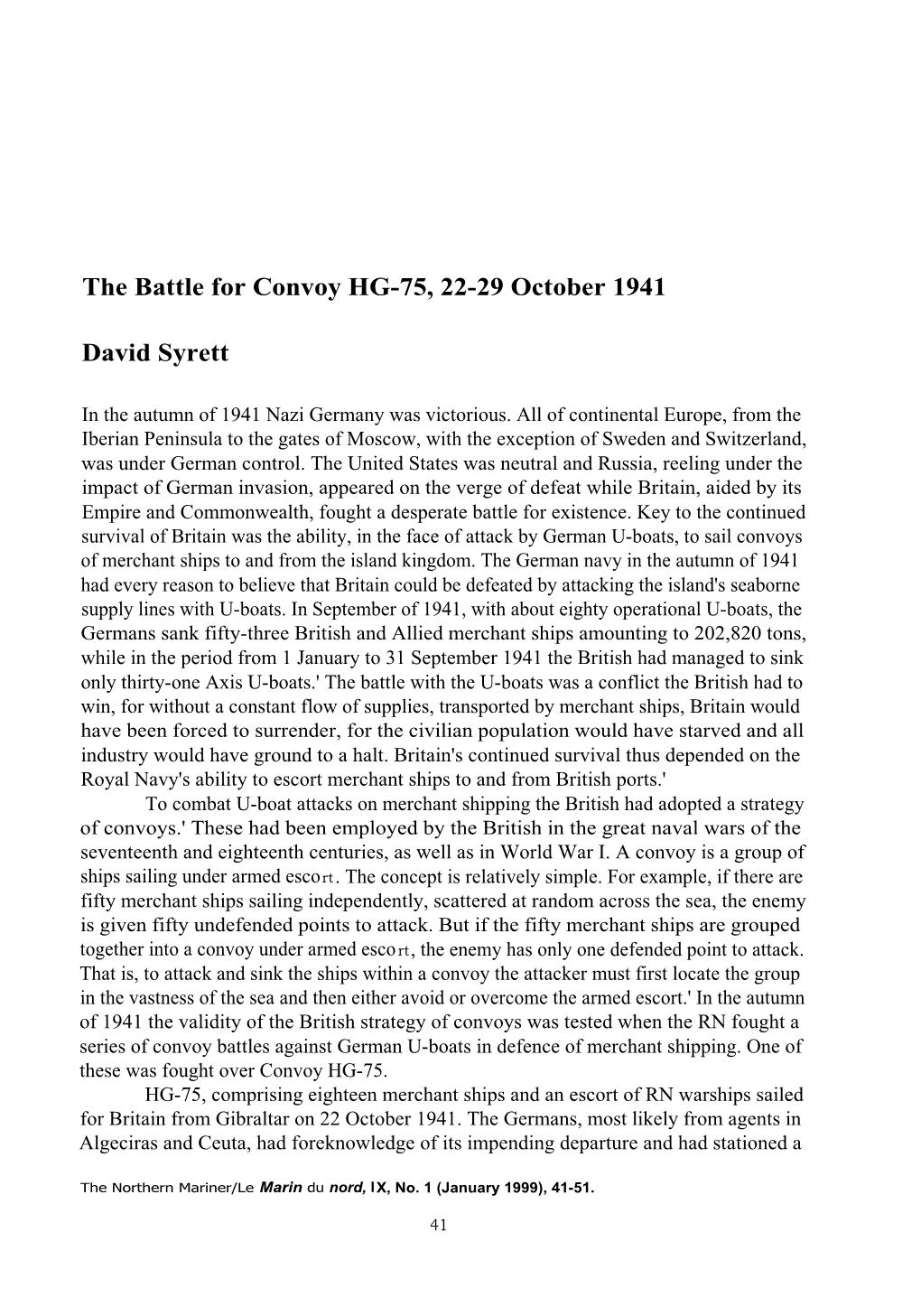 The Battle for Convoy HG-75, 22-29 October 1941 David Syrett