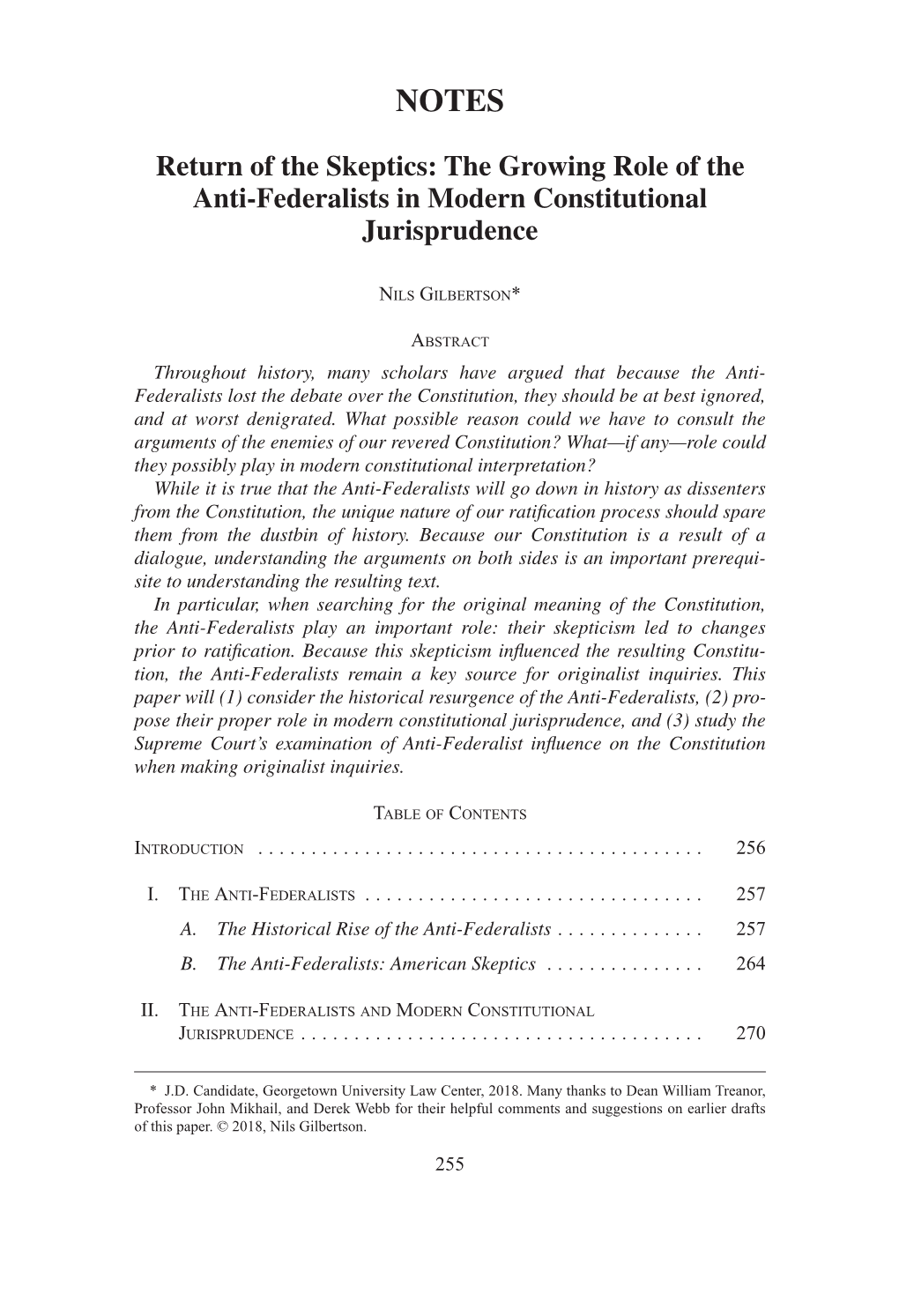 Return of the Skeptics: the Growing Role of the Anti-Federalists in Modern Constitutional Jurisprudence