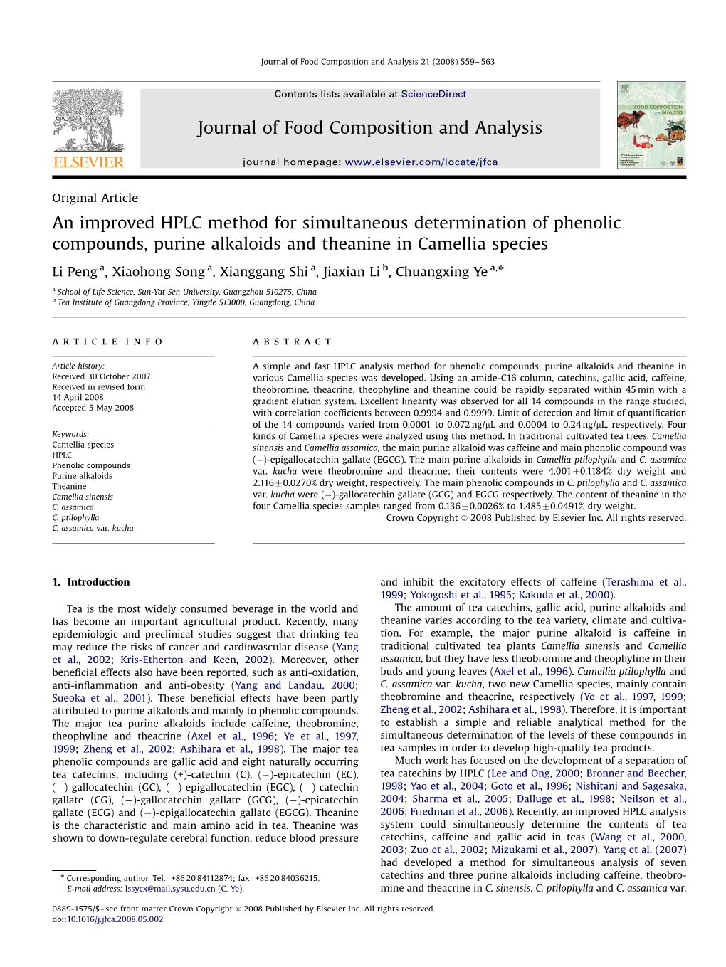 An Improved HPLC Method for Simultaneous Determination of Phenolic Compounds, Purine Alkaloids and Theanine in Camellia Species