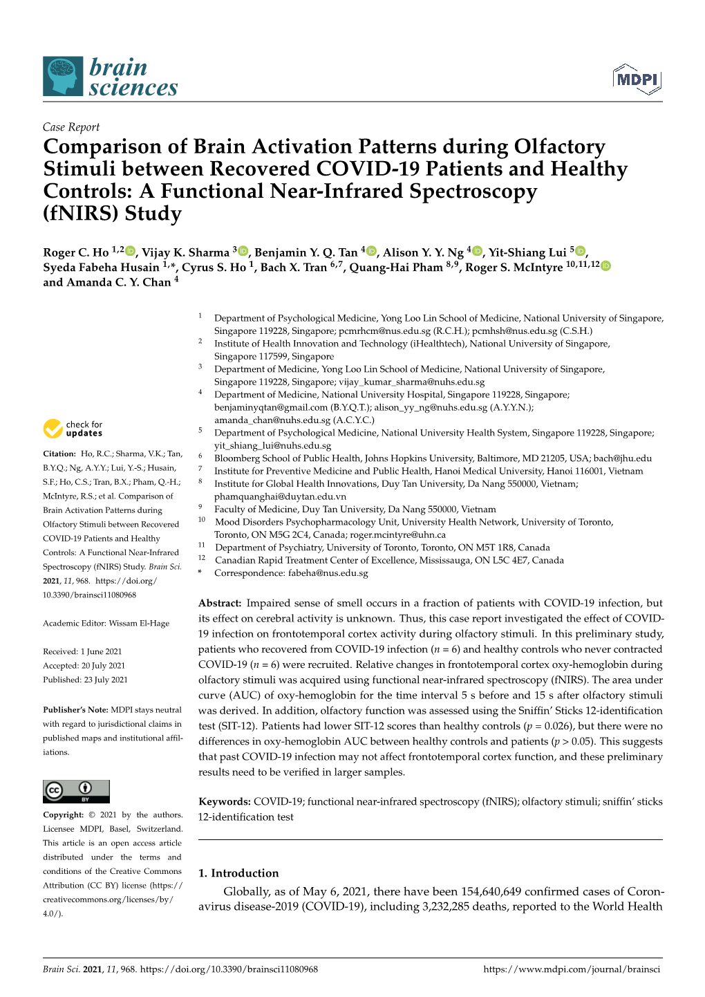 Comparison of Brain Activation Patterns During Olfactory Stimuli Between Recovered COVID-19 Patients and Healthy Controls