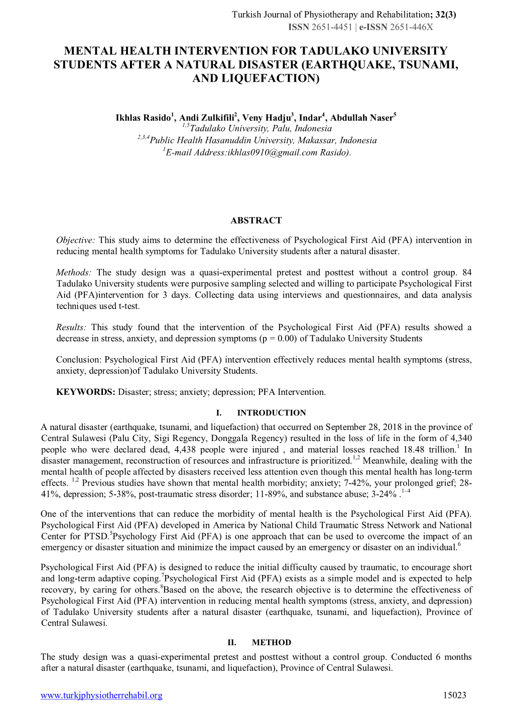 Mental Health Intervention for Tadulako University Students After a Natural Disaster (Earthquake, Tsunami, and Liquefaction)