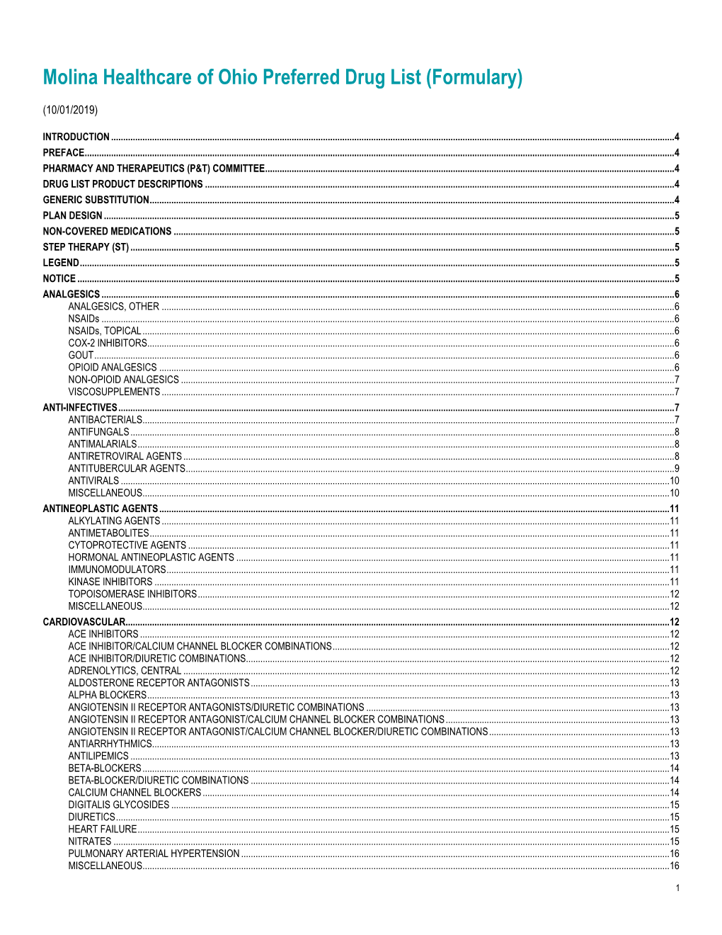 Molina Healthcare of Ohio Preferred Drug List (Formulary)