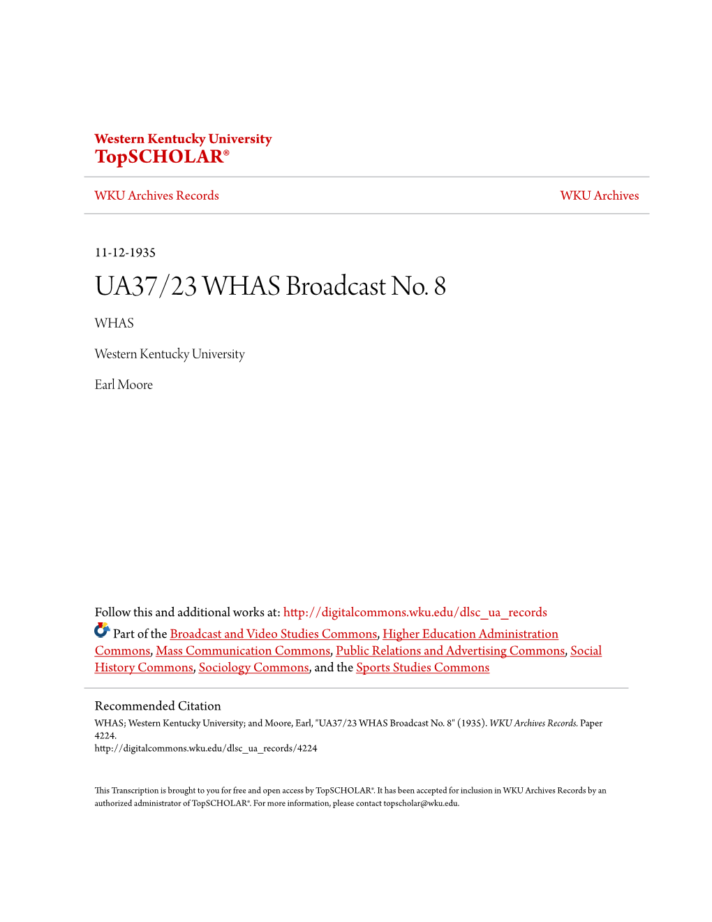 UA37/23 WHAS Broadcast No. 8 WHAS