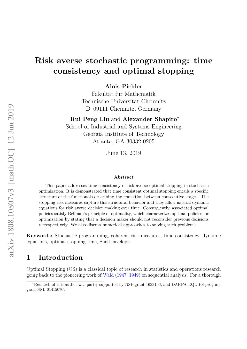 Risk Averse Stochastic Programming: Time Consistency and Optimal Stopping