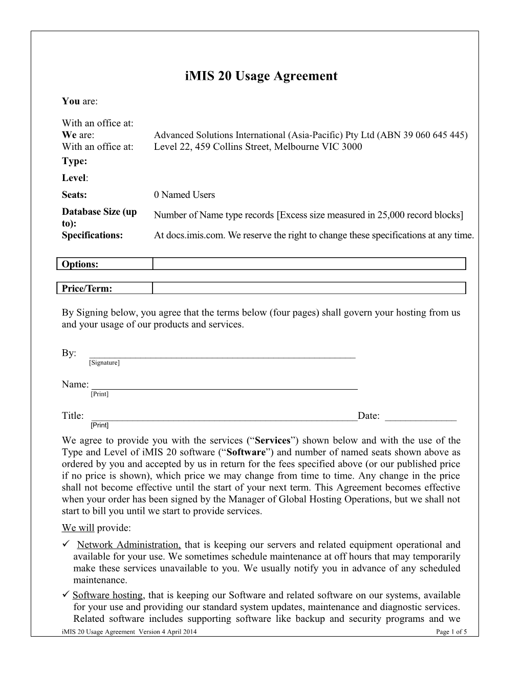 Imis 20 Usage Agreement