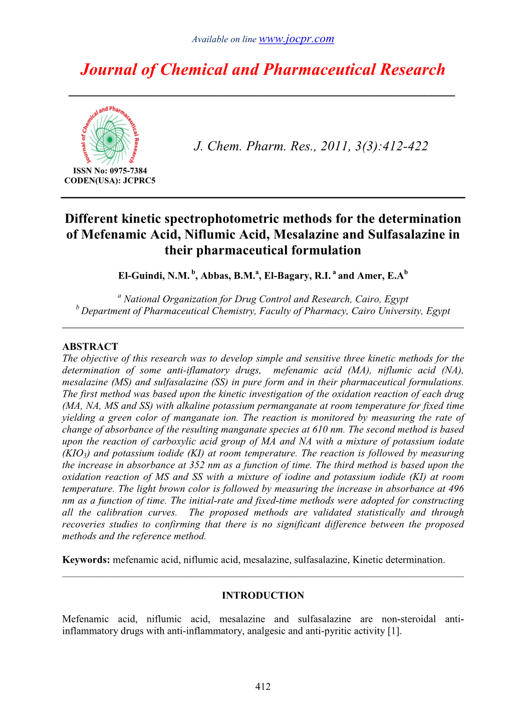 Different Kinetic Spectrophotometric Methods for the Determination of Mefenamic Acid, Niflumic Acid, Mesalazine and Sulfasalazine in Their Pharmaceutical Formulation