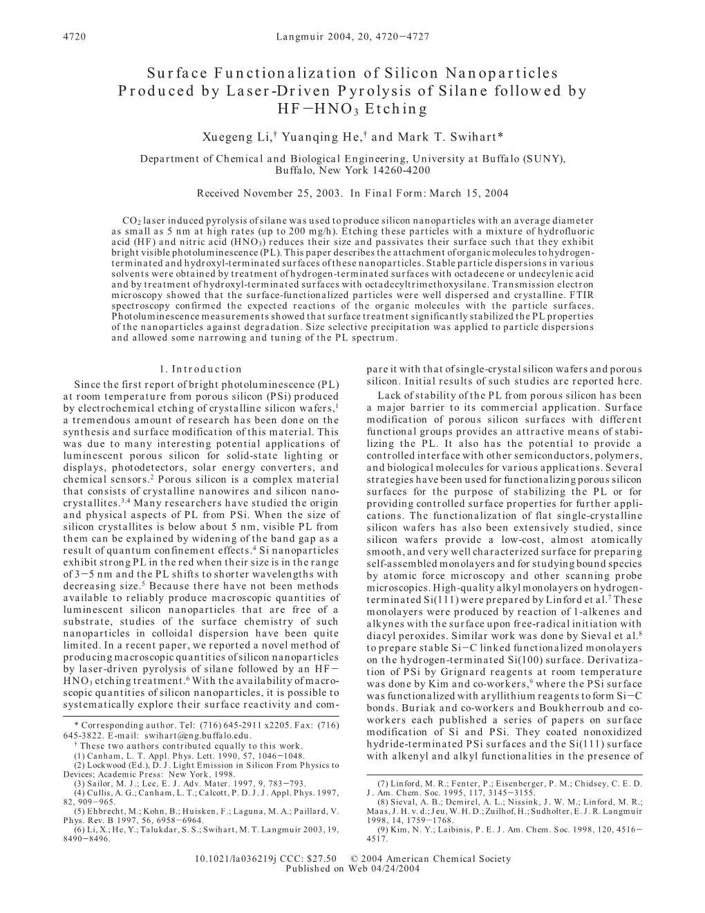 Surface Functionalization of Silicon Nanoparticles Produced by Laser-Driven Pyrolysis of Silane Followed by HF-HNO3 Etching