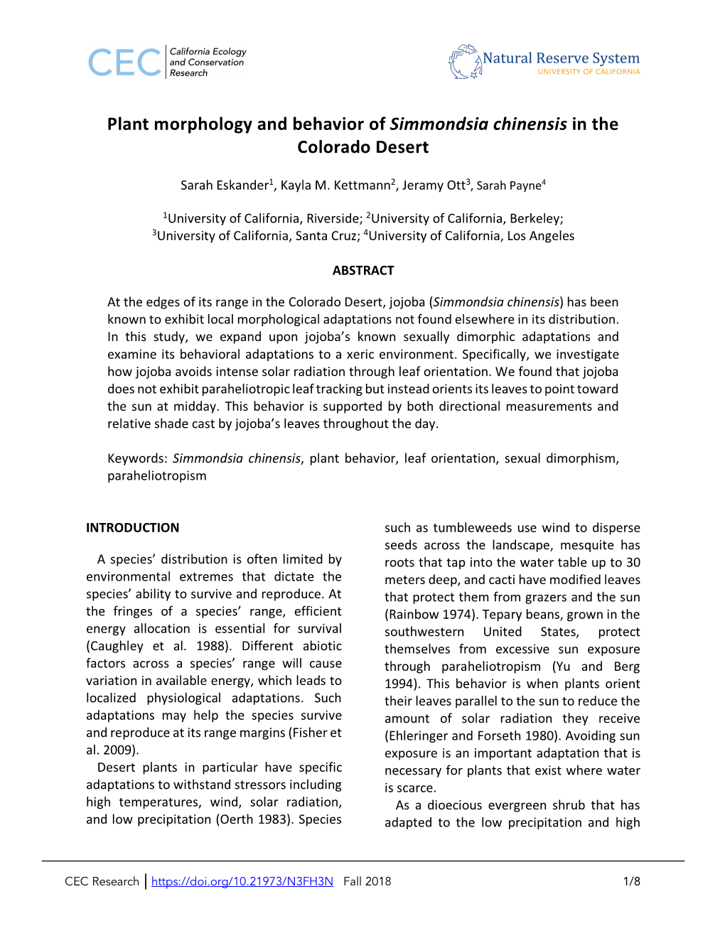 Plant Morphology and Behavior of Simmondsia Chinensis in the Colorado Desert