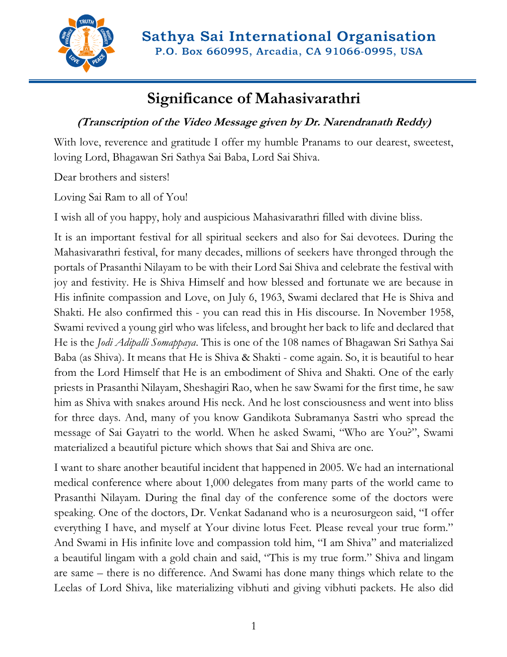 Significance of Mahasivarathri (Transcription of the Video Message Given by Dr