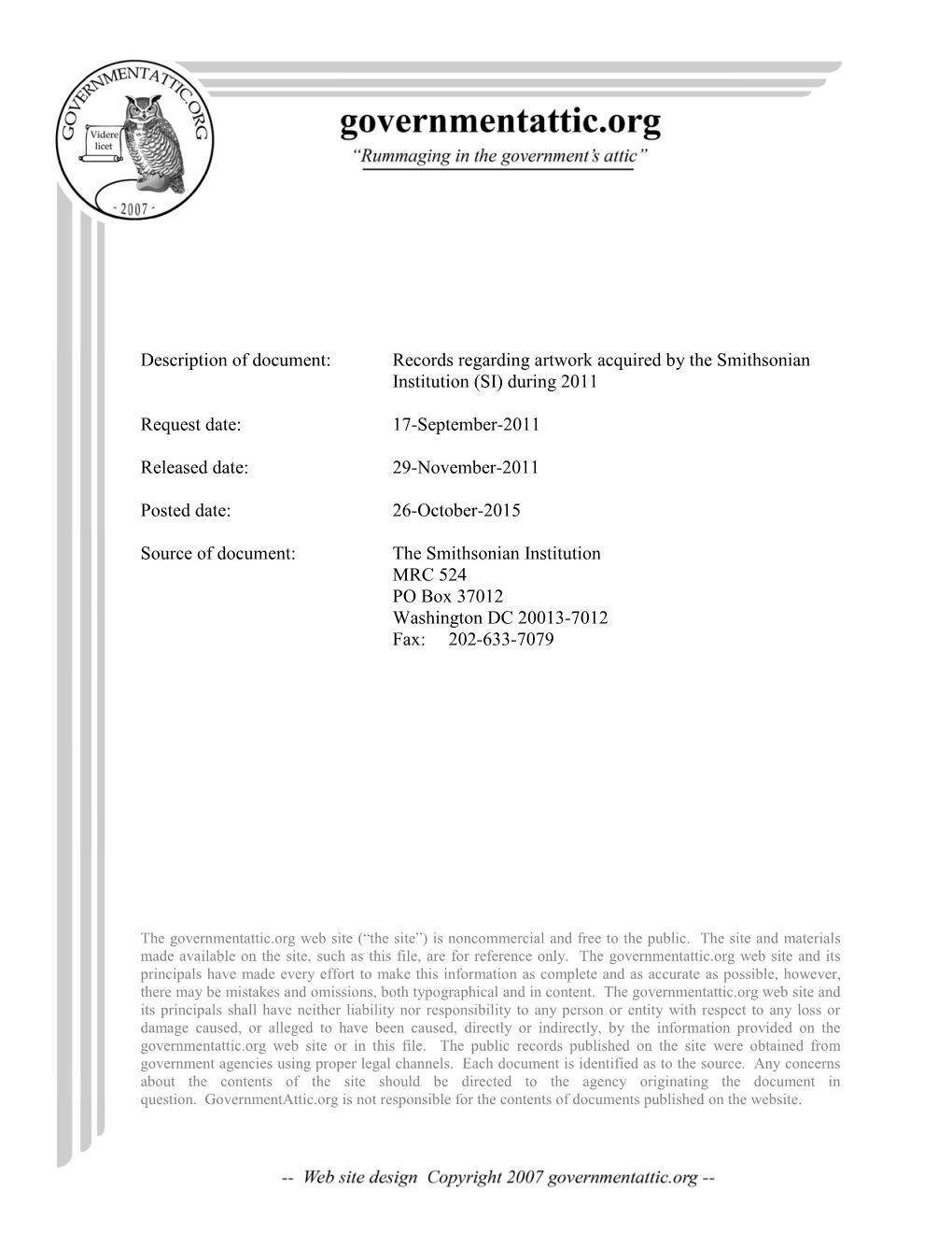 Records Regarding Artwork Acquired by the Smithsonian Institution (SI) During 2011