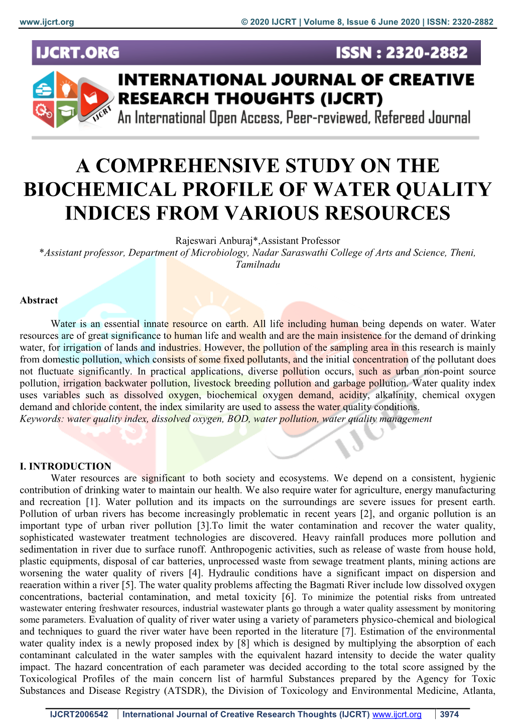 A Comprehensive Study on the Biochemical Profile of Water Quality Indices from Various Resources