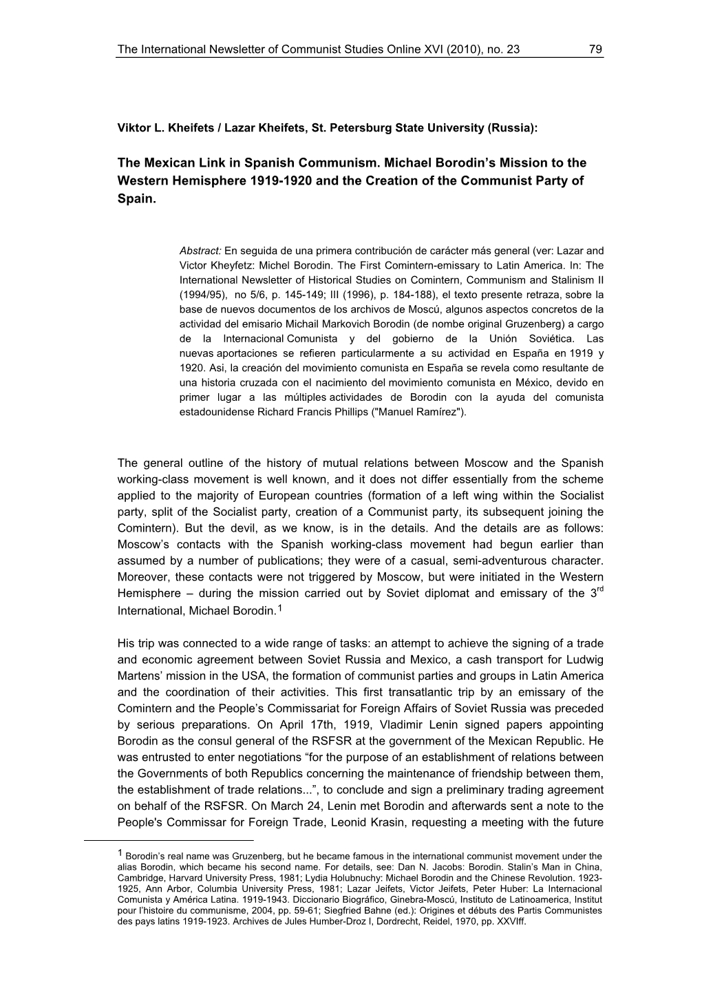 The Mexican Link in Spanish Communism. Michael Borodin's Mission to the Western Hemisphere 1919-1920 and the Creation of the C