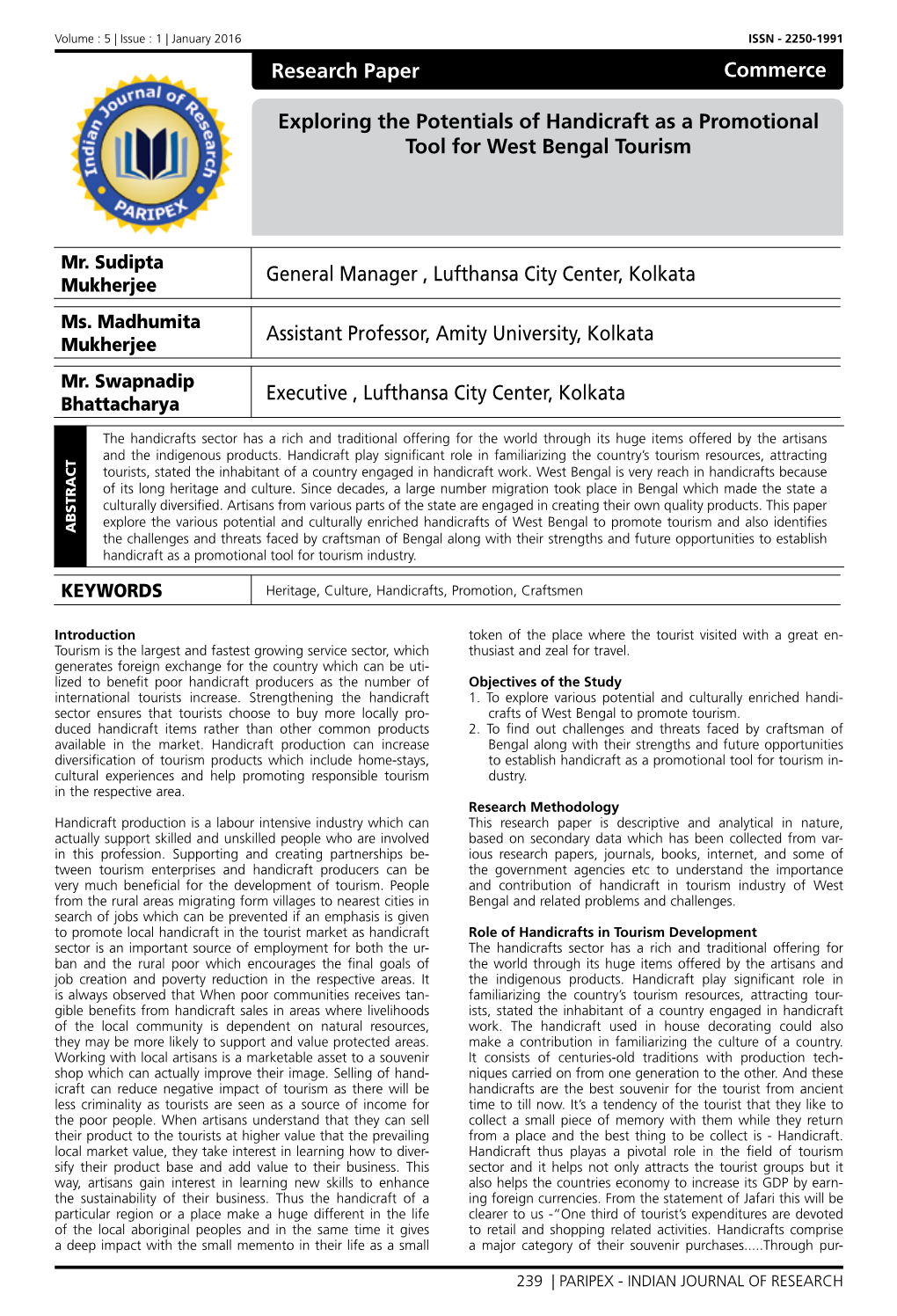 Research Paper Exploring the Potentials of Handicraft As a Promotional Tool for West Bengal Tourism General Manager , Lufthansa