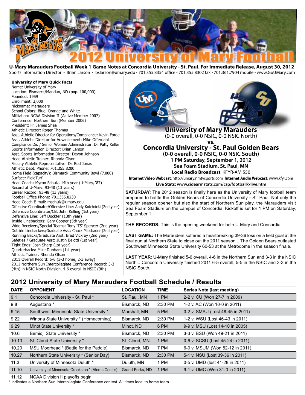 2012 University of Mary Football U-Mary Marauders Football Week 1 Game Notes at Concordia University - St